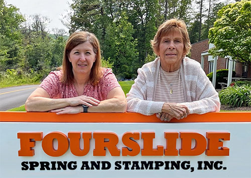 Judy Schmidt (right) has retired after 50+ years at Fourslide. Laurie Funk (left) replaces her as office manager.